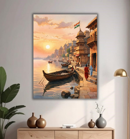 Varanasi Sunbeams – Sacred Ganges Watercolor Canvas Art