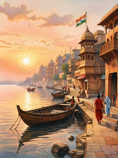 Varanasi Sunbeams – Sacred Ganges Watercolor Canvas Art