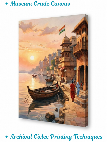 Varanasi Sunbeams – Sacred Ganges Watercolor Canvas Art