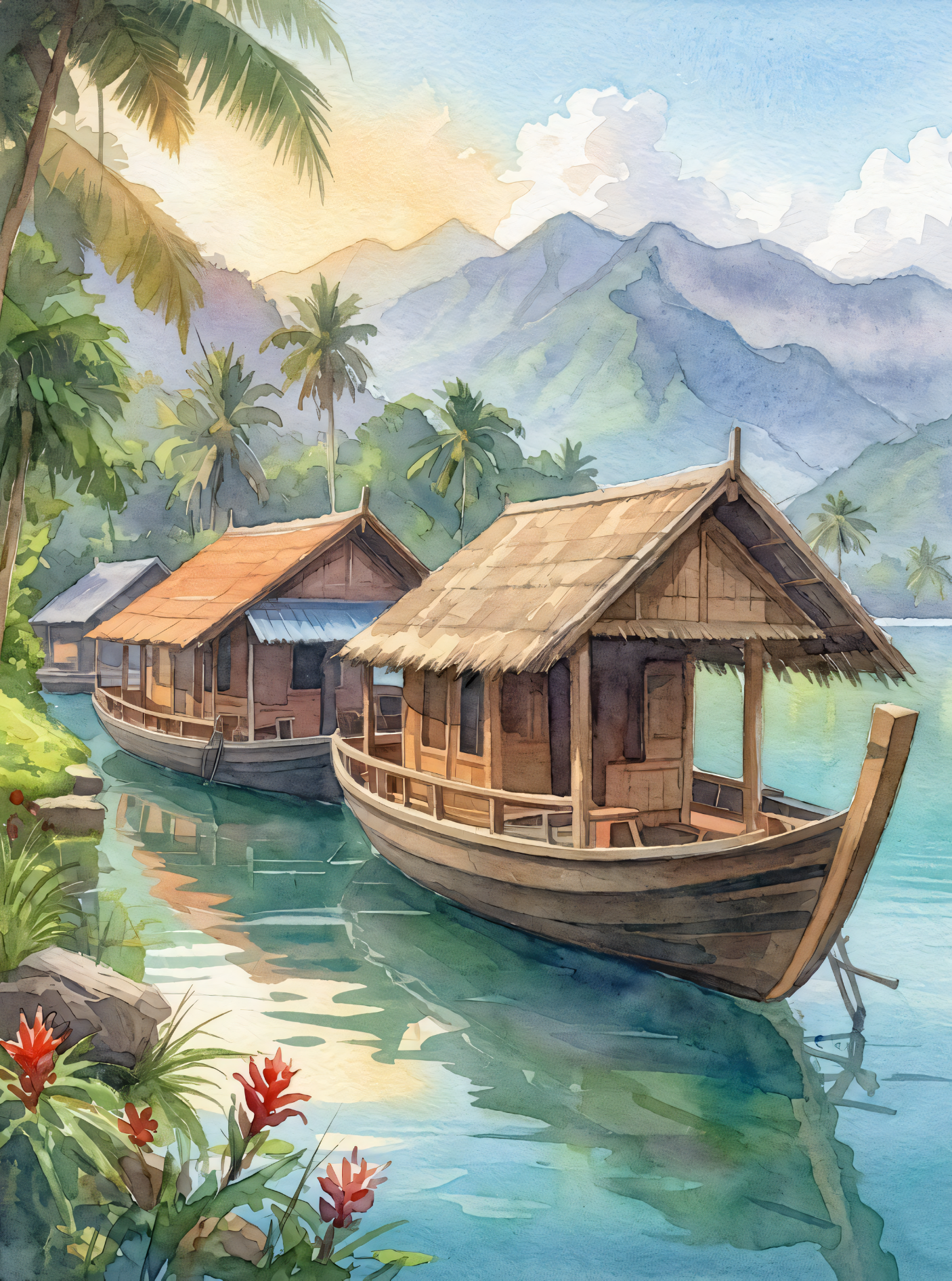 Tropical Houseboat Escape – Island Watercolor Canvas Art