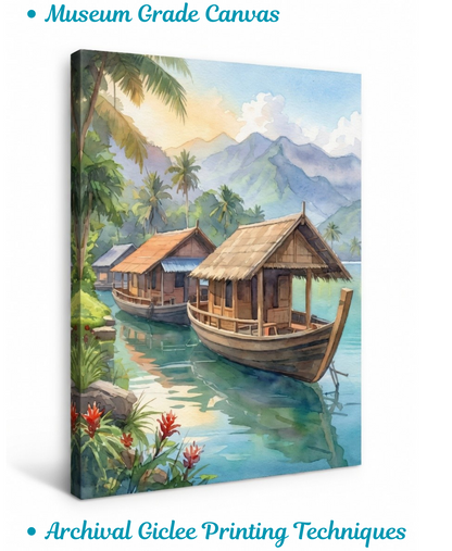 Tropical Houseboat Escape – Island Watercolor Canvas Art