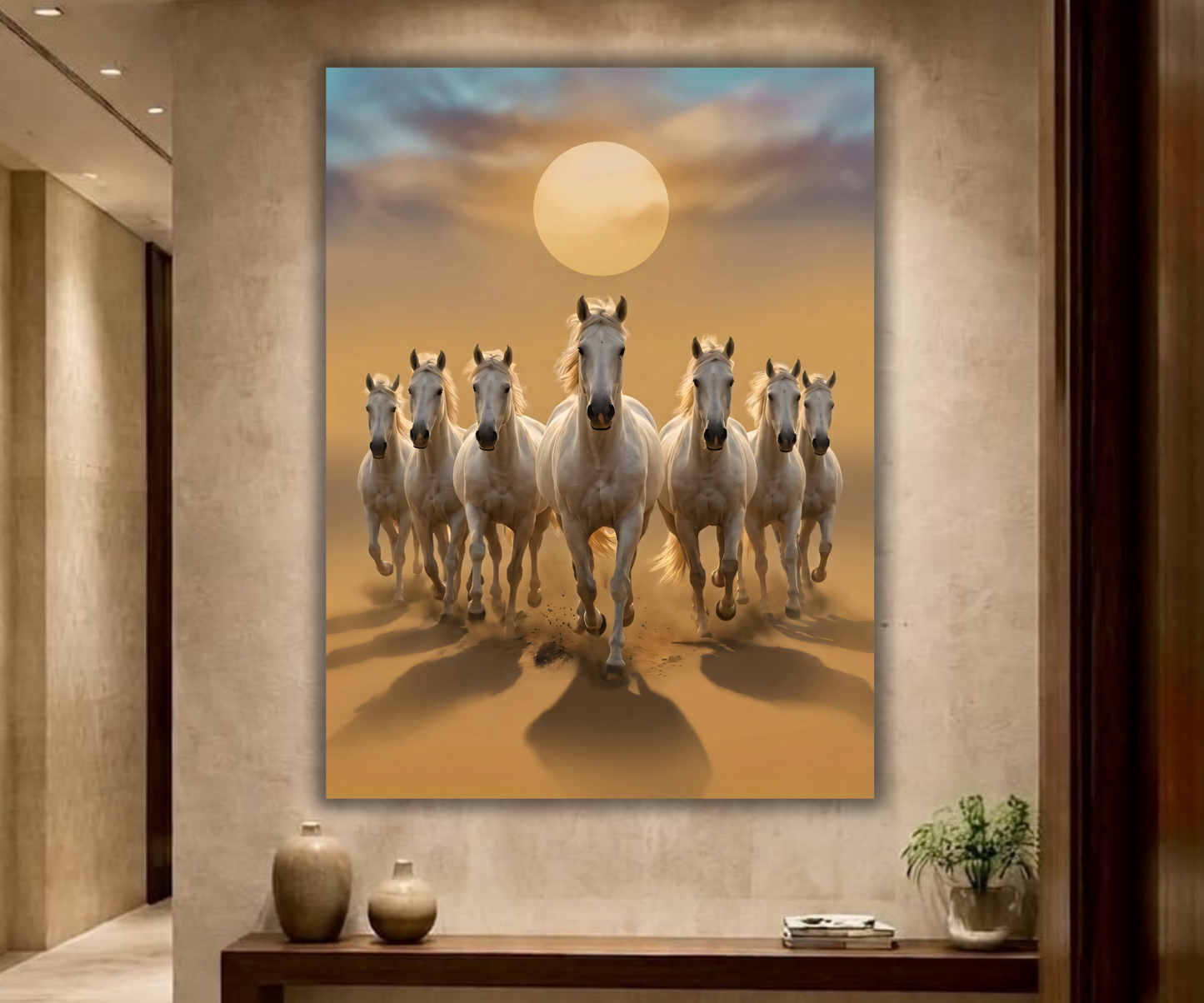 Galloping Grace: Seven White Horses at Sunset Canvas Art