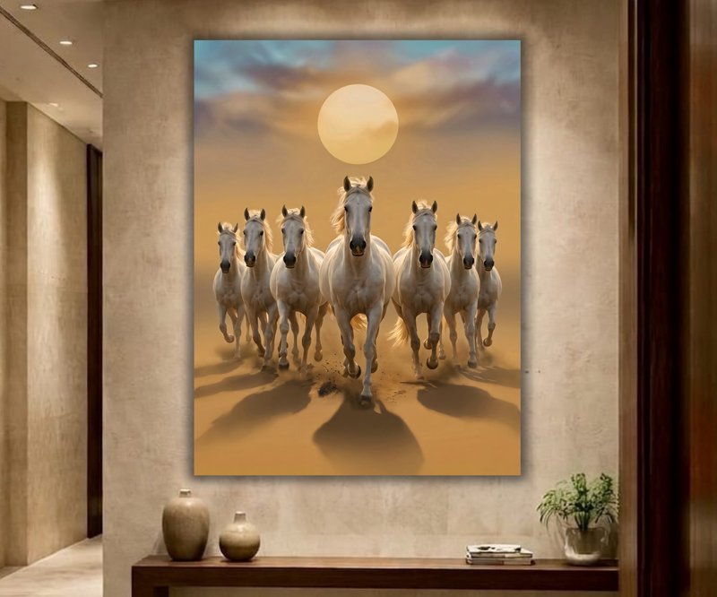 Galloping Grace: Seven White Horses at Sunset Canvas Art