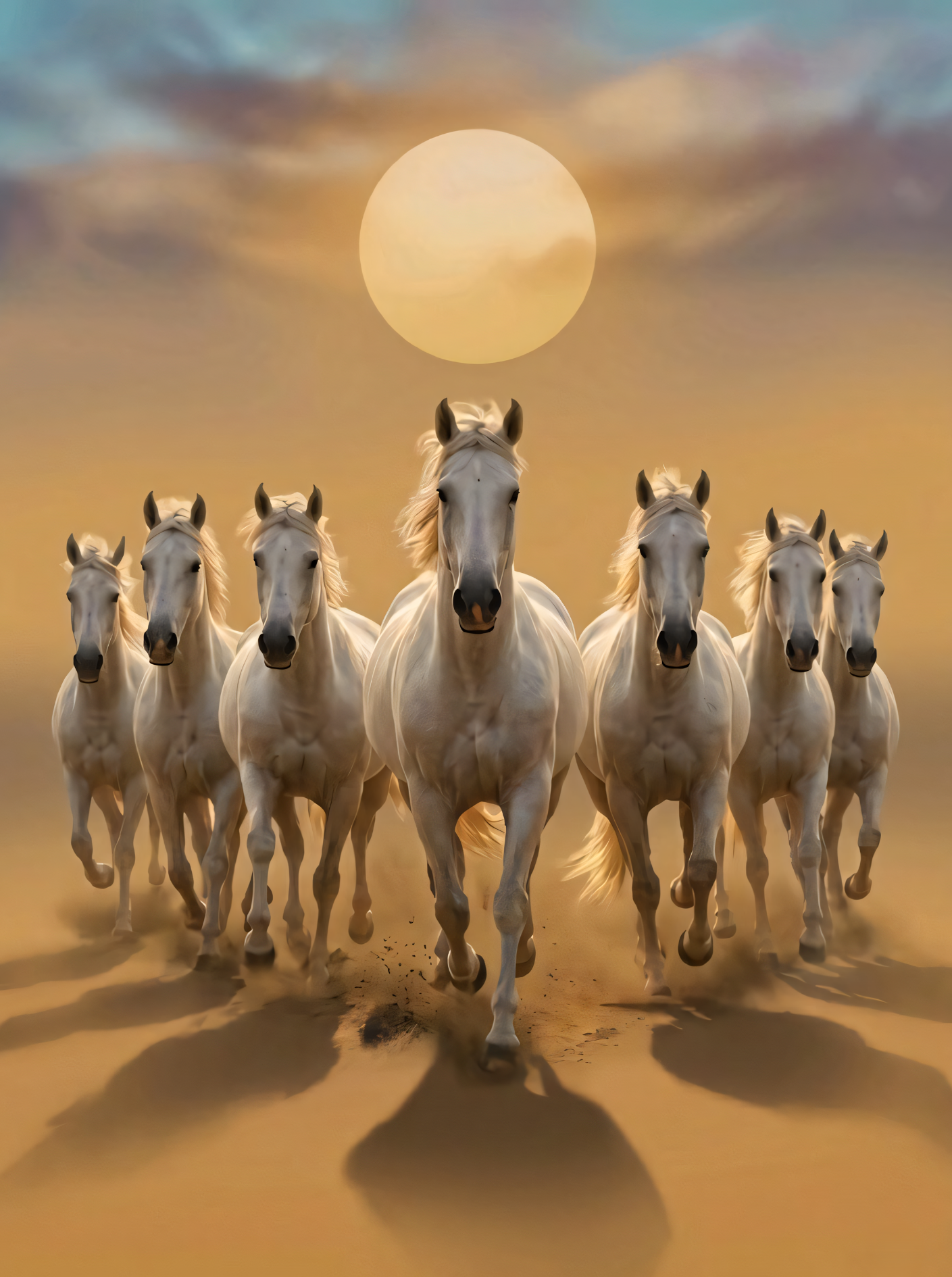 Galloping Grace: Seven White Horses at Sunset Canvas Art