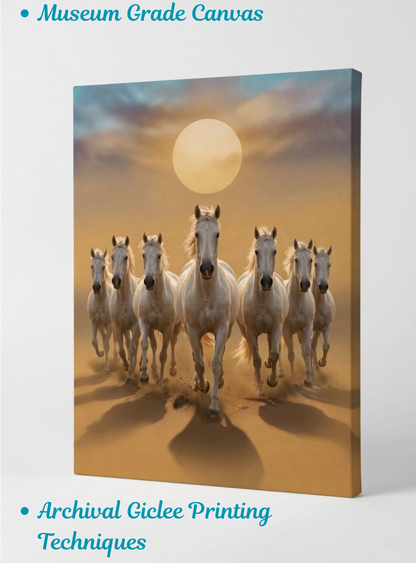 Galloping Grace: Seven White Horses at Sunset Canvas Art