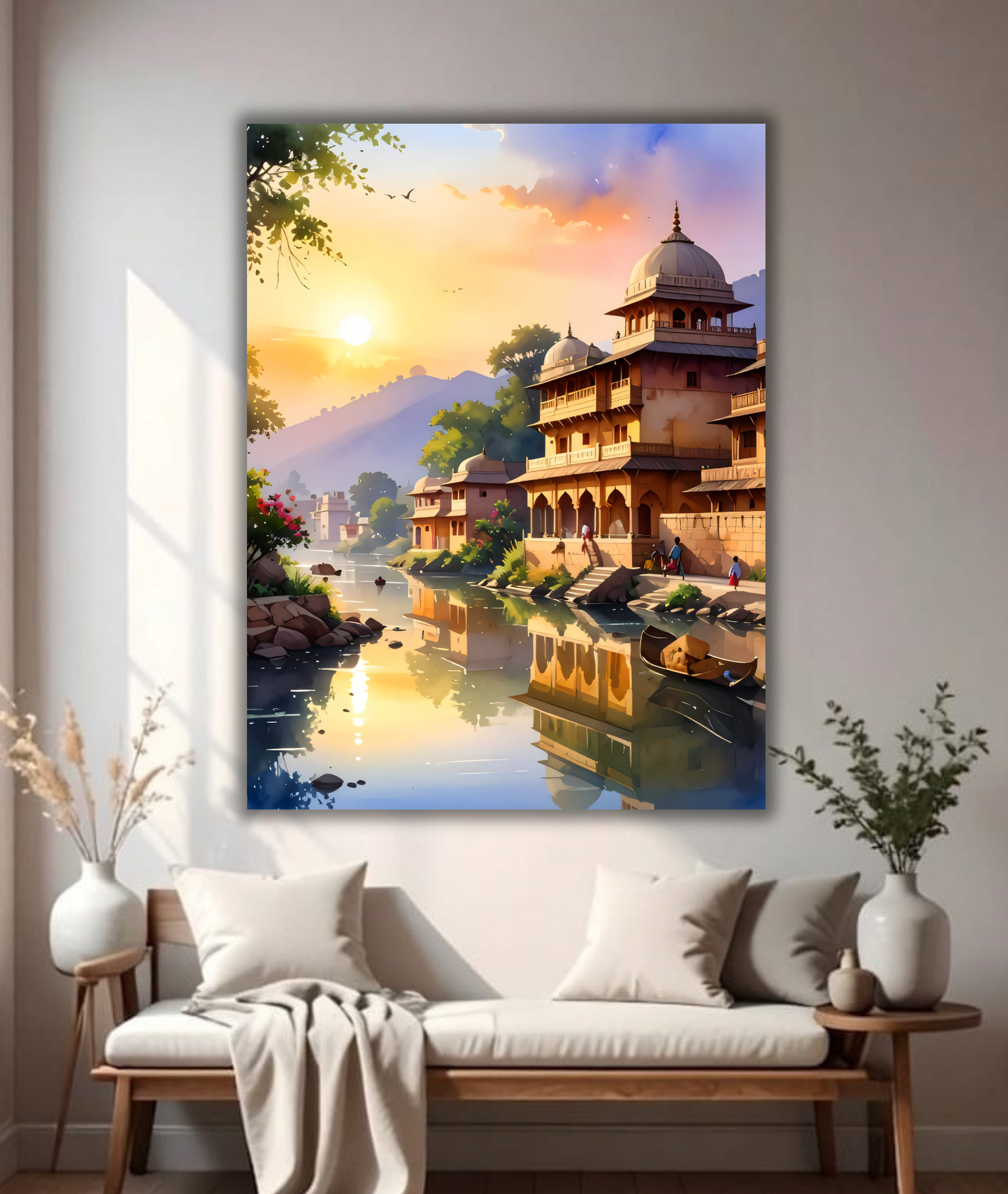Golden Ghats: Sunlit Heritage Riverside Canvas Art