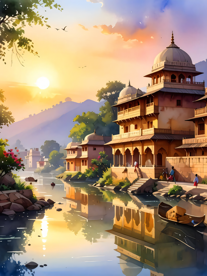 Golden Ghats: Sunlit Heritage Riverside Canvas Art