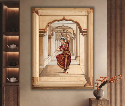 Divine Rhythm: Classical Indian Dancer in Marble Arches Canvas Art