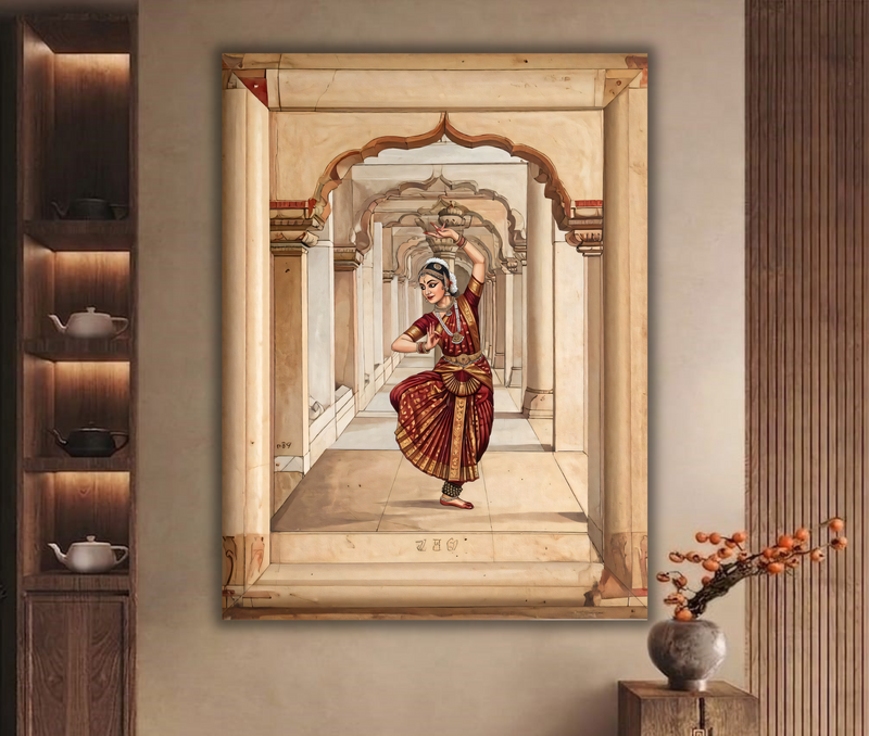 Divine Rhythm: Classical Indian Dancer in Marble Arches Canvas Art