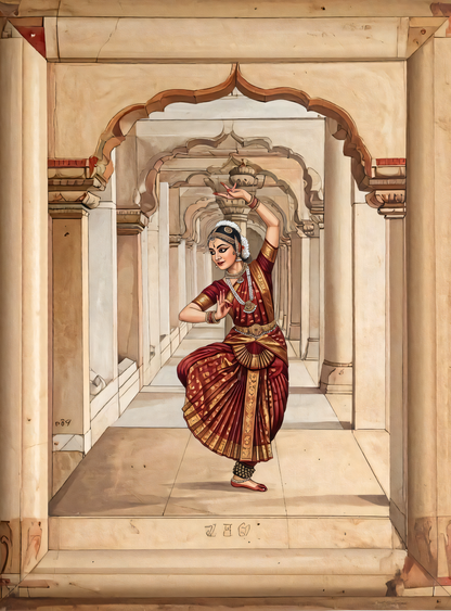 Divine Rhythm: Classical Indian Dancer in Marble Arches Canvas Art