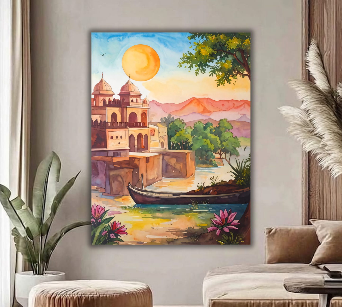 Golden Ghats: Vibrant Watercolor Lakeside Palace Canvas Art