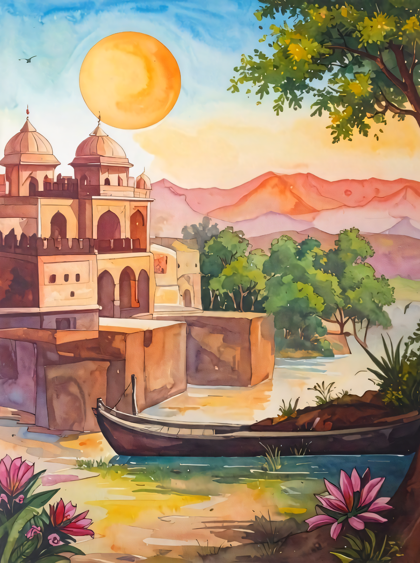 Golden Ghats: Vibrant Watercolor Lakeside Palace Canvas Art