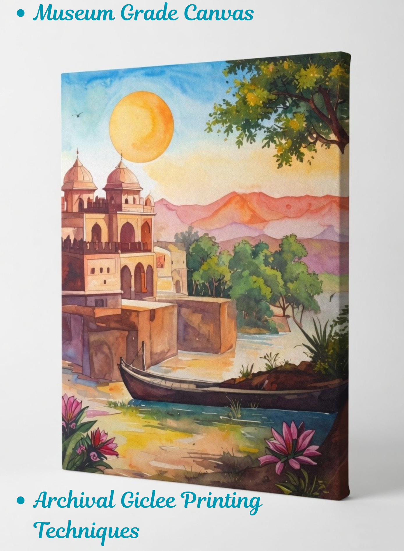 Golden Ghats: Vibrant Watercolor Lakeside Palace Canvas Art
