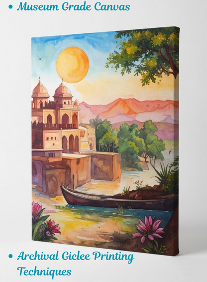 Golden Ghats: Vibrant Watercolor Lakeside Palace Canvas Art