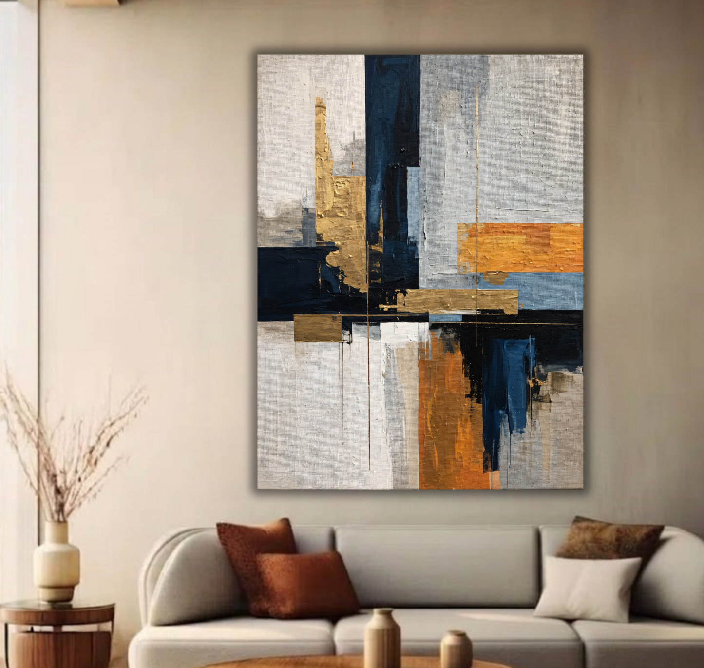 Midnight Gilded: Textured Geometric Abstract Canvas Ar