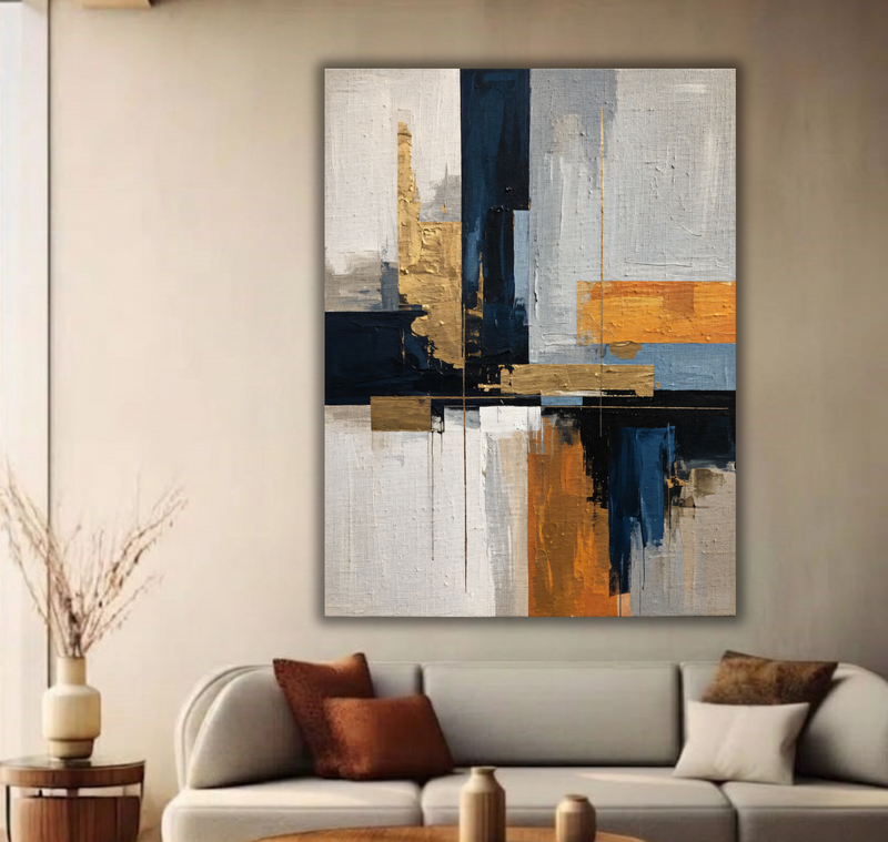 Midnight Gilded: Textured Geometric Abstract Canvas Ar