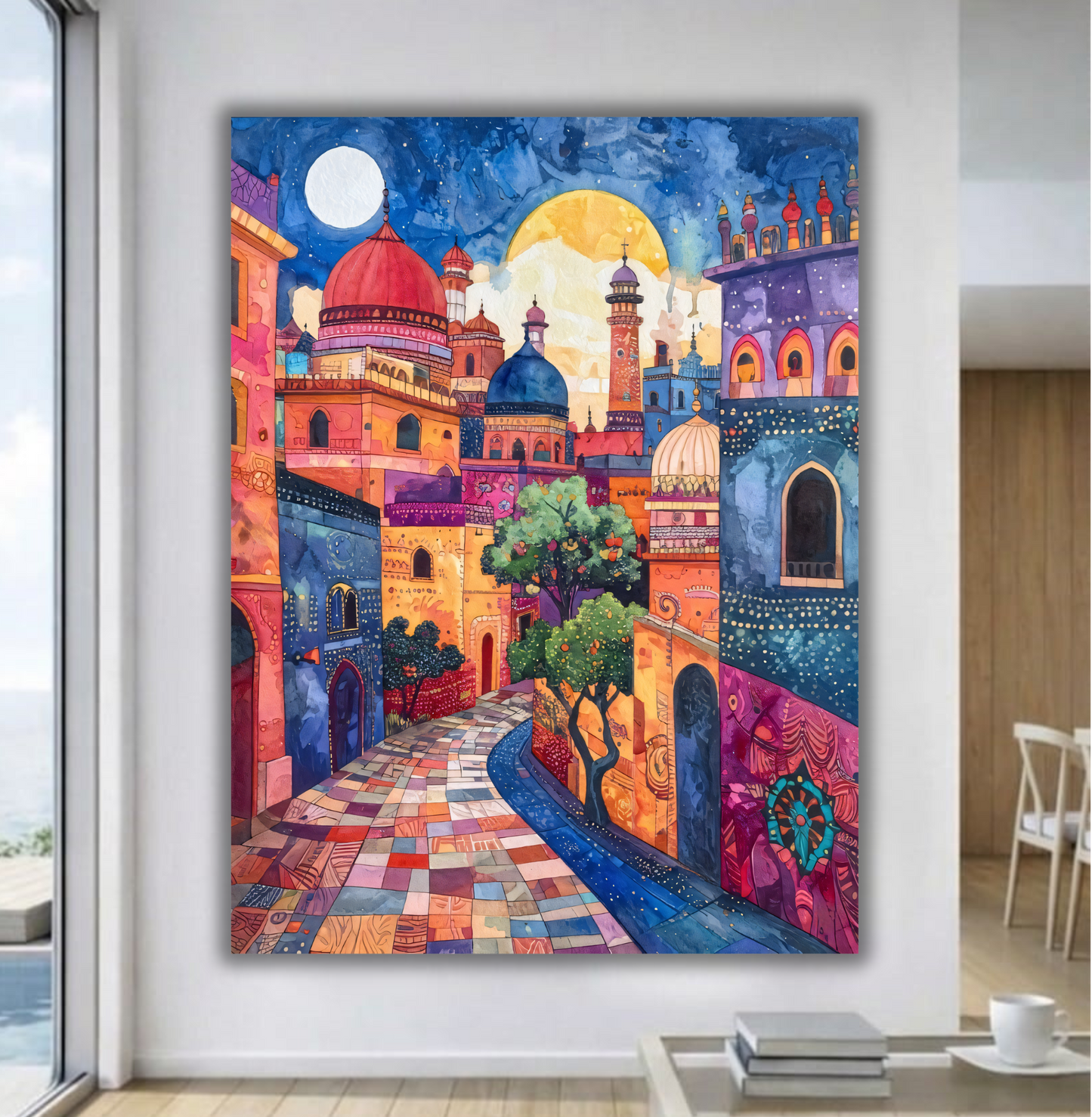 Moonlit Magic: Vibrant Whimsical Eastern Cityscape Canvas Art
