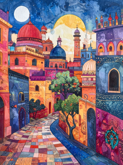 Moonlit Magic: Vibrant Whimsical Eastern Cityscape Canvas Art