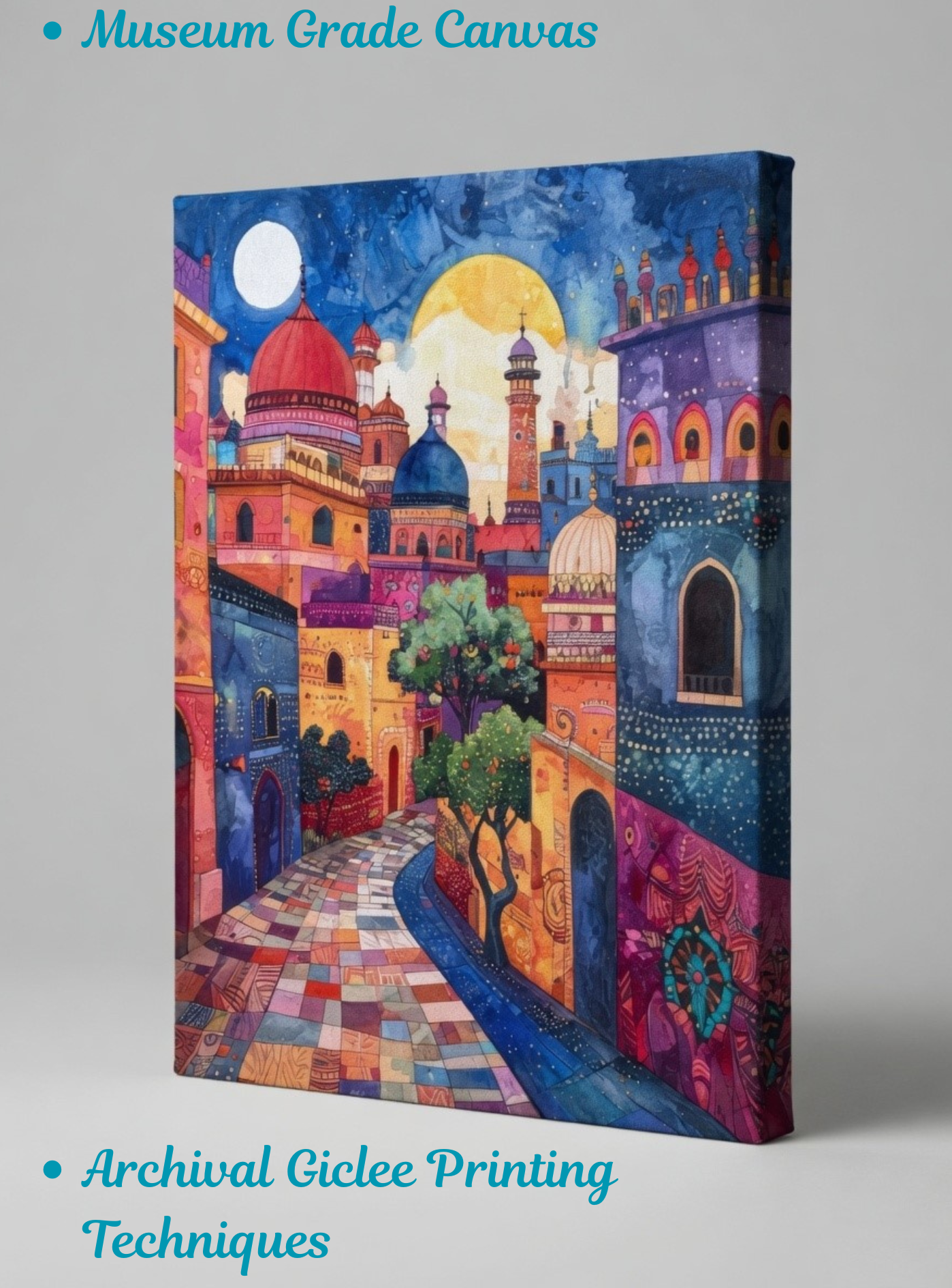 Moonlit Magic: Vibrant Whimsical Eastern Cityscape Canvas Art