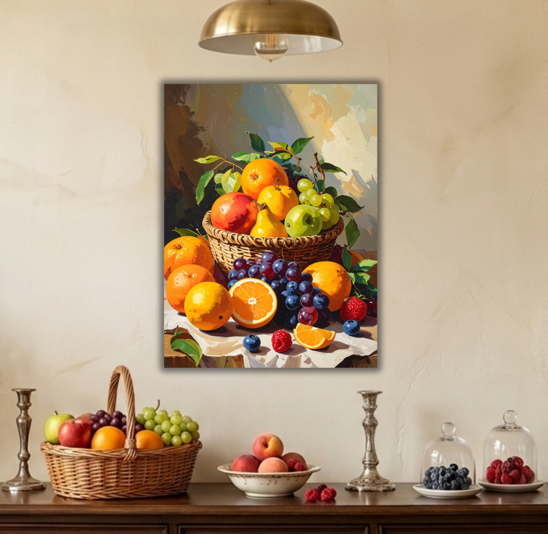 Harvest Abundance: Vibrant Still Life Fruit Basket Canvas Art