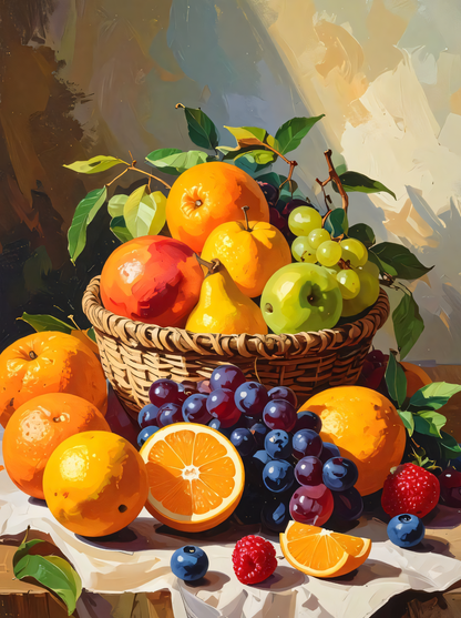 Harvest Abundance: Vibrant Still Life Fruit Basket Canvas Art