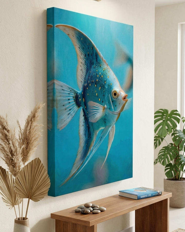 Turquoise Blue Angelfish Canvas Print - Modern Undersea Marine Life Wall Decor