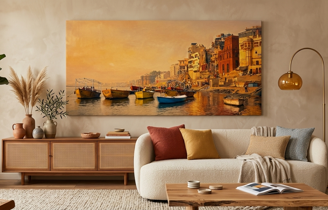 Varanasi Ghats Wooden Boats Canvas Art Print - Holy Ganges River India Sunset Wall Decor