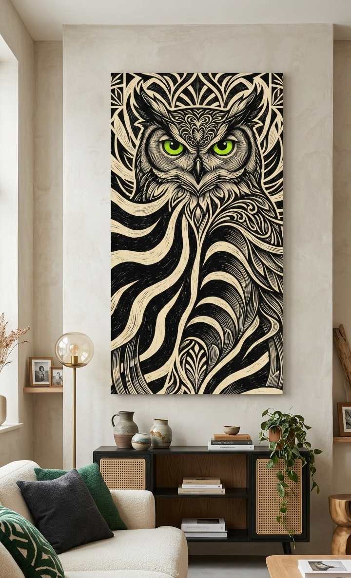 Mystic Owl Line Art Canvas Print - Abstract Black and White Woodcut Tribal Wall Decor