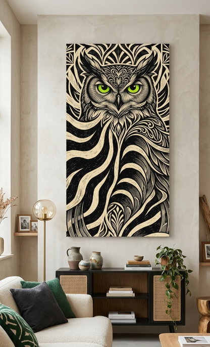 Mystic Owl Line Art Canvas Print - Abstract Black and White Woodcut Tribal Wall Decor