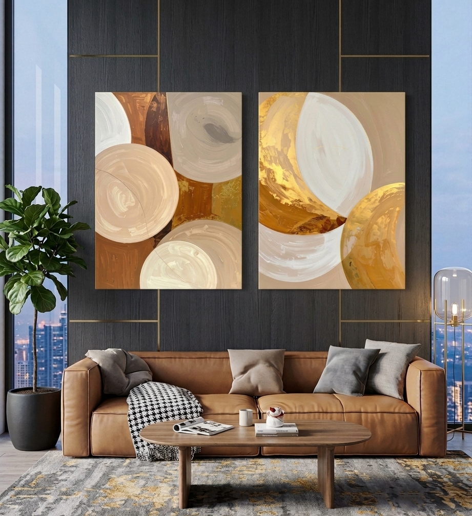 Modern Terracotta & Neutral Beige Abstract Canvas Art Set of 2 - Golden-Hued Celestial Geometry Wall Art Diptych