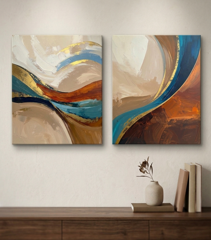 Modern Teal Blue & Burnt Terracotta Abstract Canvas Art Set of 2 - Curved Fluid Wave Wall Art Diptych