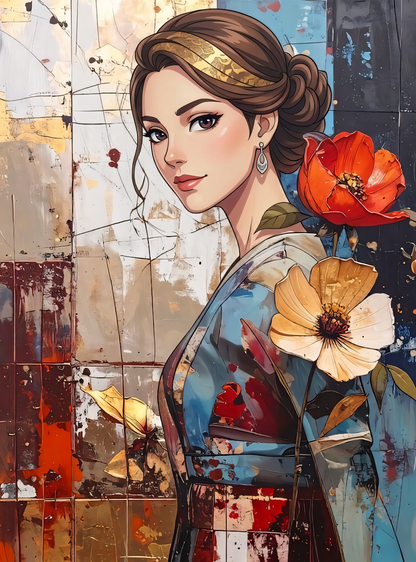 Vintage Grace: Kimono Elegance & Botanical Portrait Canvas Art