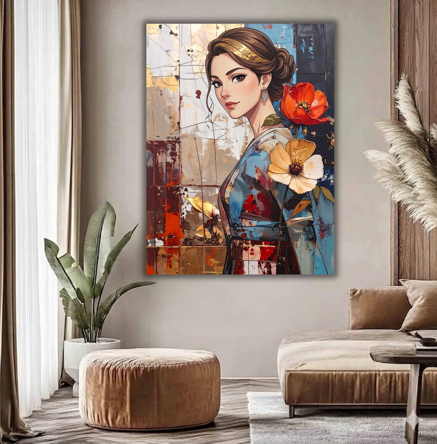 Vintage Grace: Kimono Elegance & Botanical Portrait Canvas Art