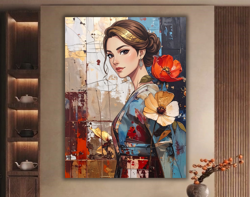 Vintage Grace: Kimono Elegance & Botanical Portrait Canvas Art