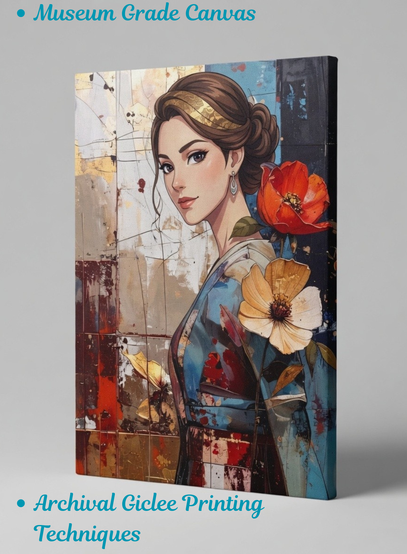 Vintage Grace: Kimono Elegance & Botanical Portrait Canvas Art