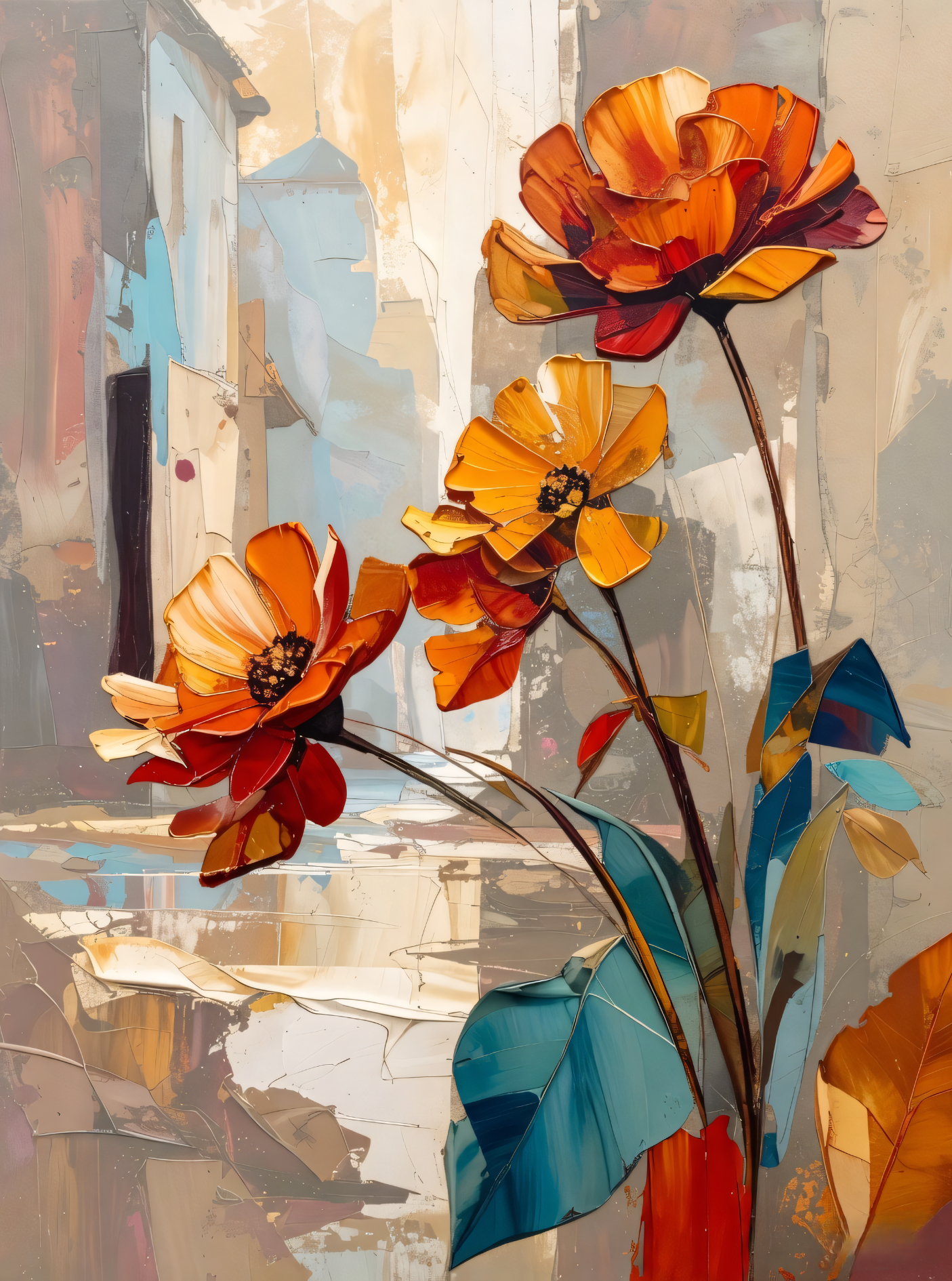 Amber Blooms: Impasto Palette Knife Floral Canvas Art