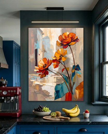 Amber Blooms: Impasto Palette Knife Floral Canvas Art