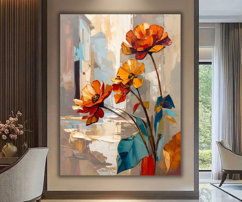 Amber Blooms: Impasto Palette Knife Floral Canvas Art