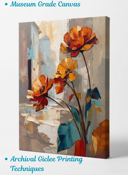 Amber Blooms: Impasto Palette Knife Floral Canvas Art