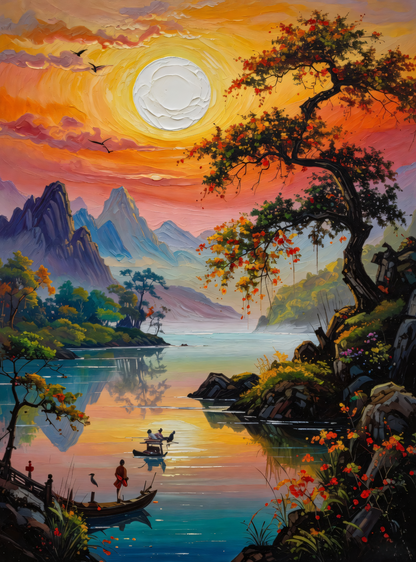Golden Hour Reflection: Impasto Asian-Inspired River Landscape