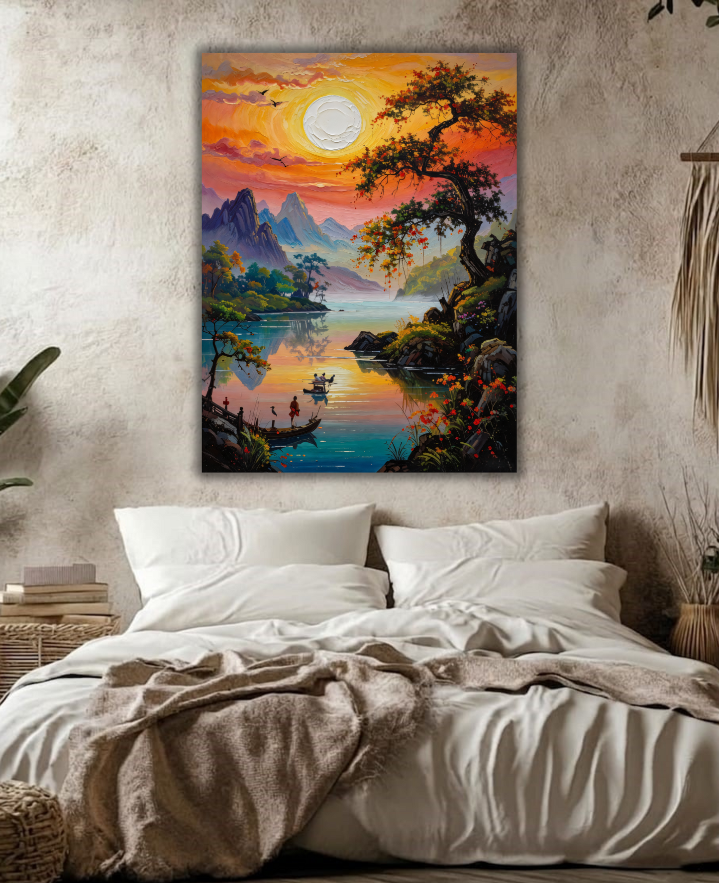 Golden Hour Reflection: Impasto Asian-Inspired River Landscape