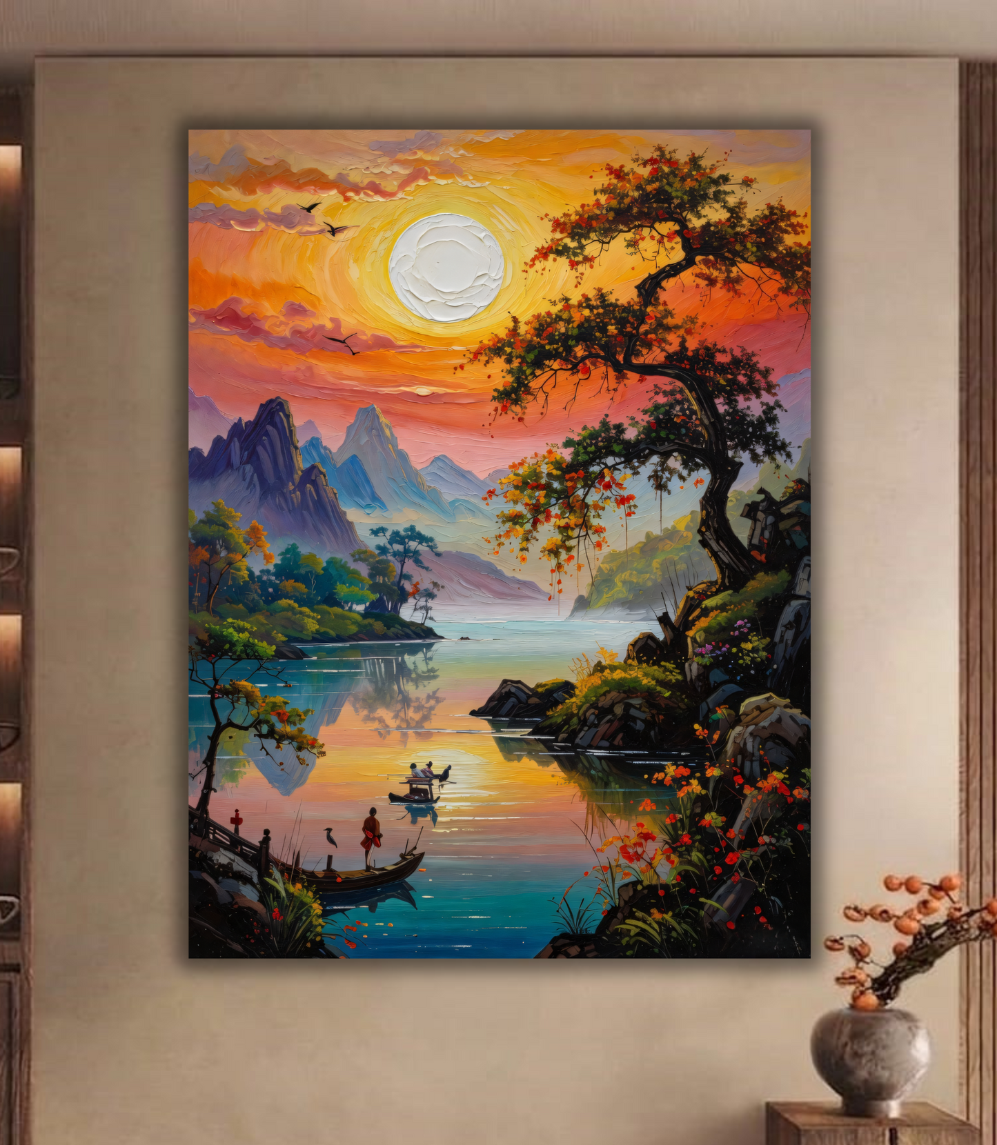 Golden Hour Reflection: Impasto Asian-Inspired River Landscape