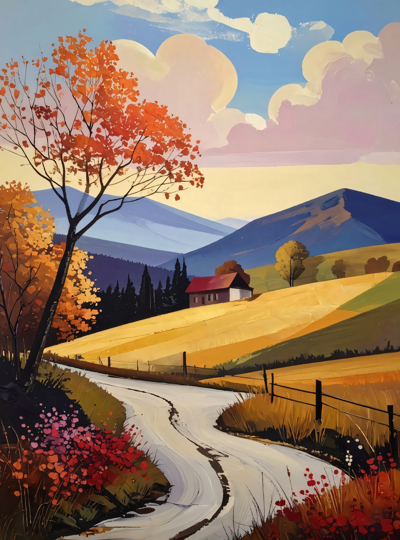 Autumn Countryside: Modern Expressionist Mountain Landscape