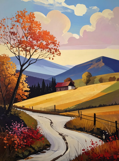Autumn Countryside: Modern Expressionist Mountain Landscape