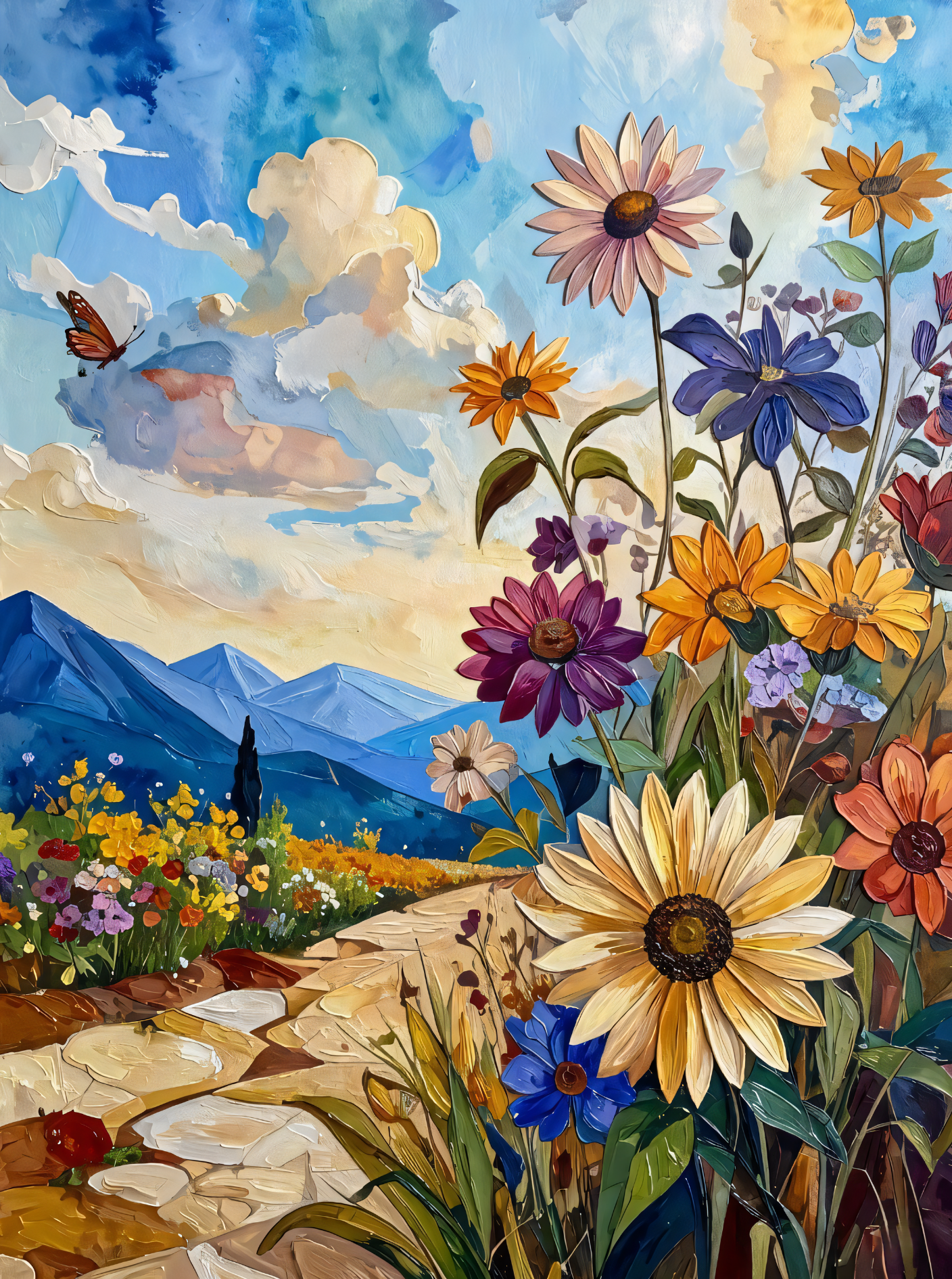 Meadow Pathway: Vibrant Impasto Wildflower Mountain Canvas Art