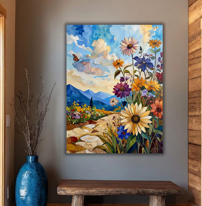 Meadow Pathway: Vibrant Impasto Wildflower Mountain Canvas Art