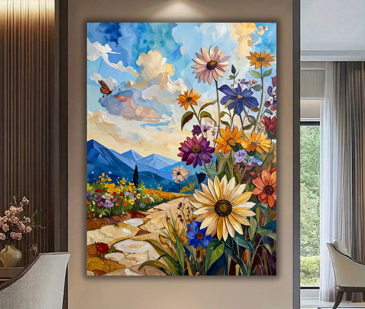 Meadow Pathway: Vibrant Impasto Wildflower Mountain Canvas Art