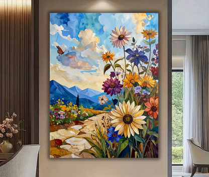 Meadow Pathway: Vibrant Impasto Wildflower Mountain Canvas Art