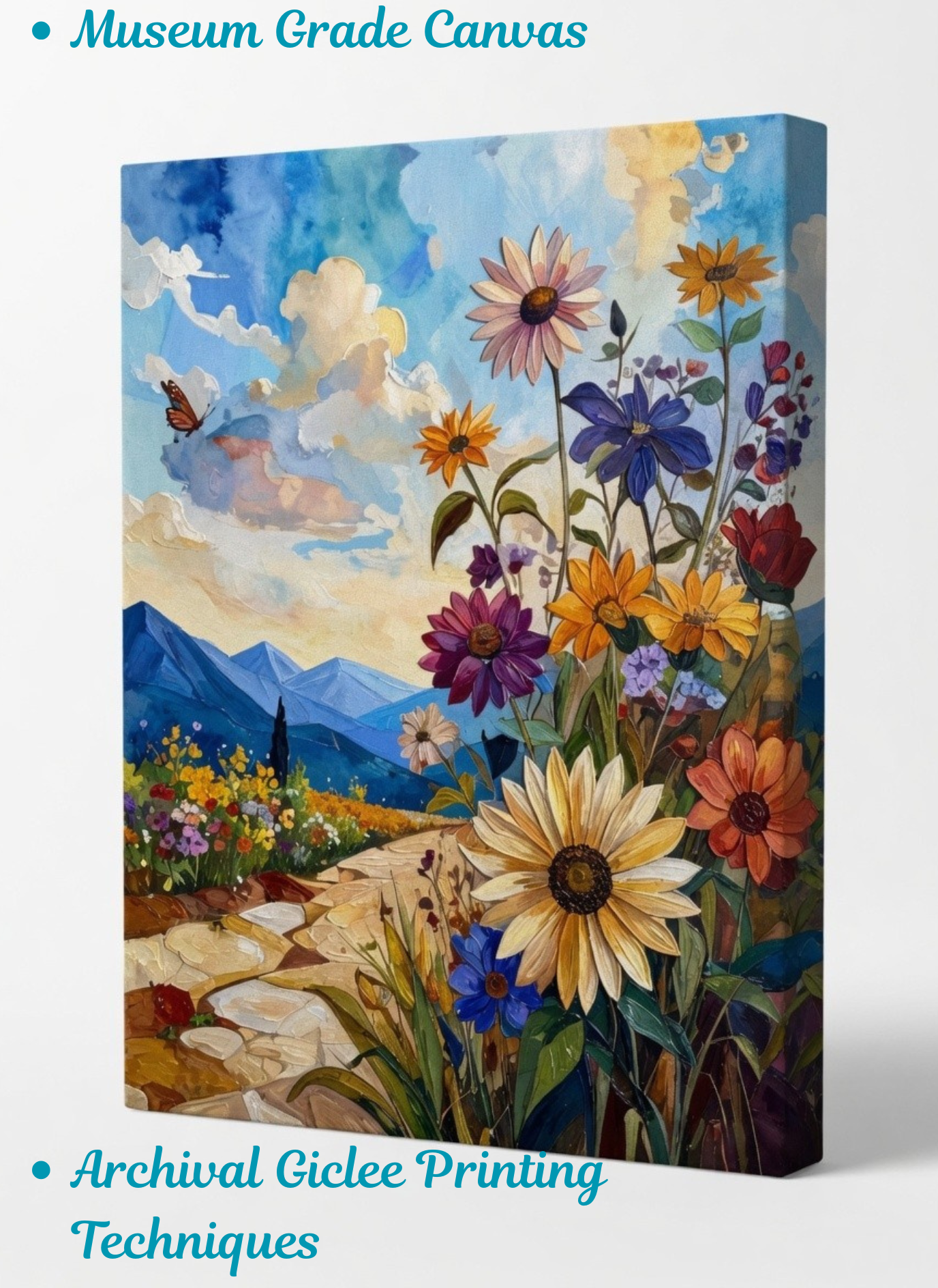 Meadow Pathway: Vibrant Impasto Wildflower Mountain Canvas Art