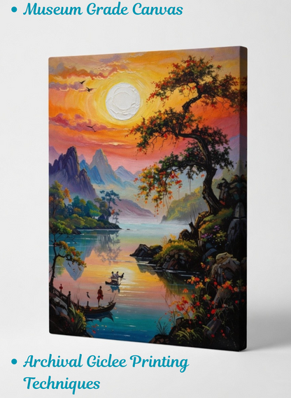 Golden Hour Reflection: Impasto Asian-Inspired River Landscape
